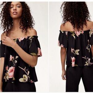 WILFRED ARITZIA ROMANTIC FLORAL OFF SHOULDER STRETCH FLOUNCE SHORT SLEEVE TOP